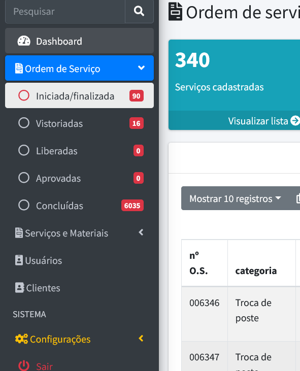 menu divisor de Status da Ordem de Serviço sistema de ordem de serviço para empresas de telefonia Sistema de Ordem de Serviço para Empresas de Telefonia menu ordem de servico